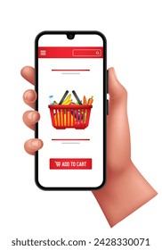 Online shopping on a smartphone. Hand holding a smartphone. Vector 3d illustration isolated on white background.