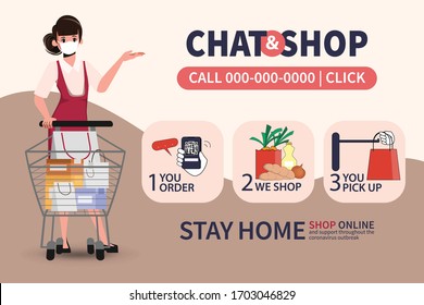 Online shopping on smartphone and pick up. Service customer stay home from department store and supermarket. New normal lifestyle people.