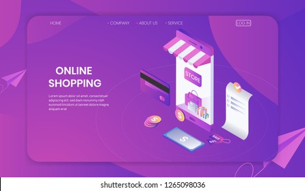 Online shopping on smartphone store concept , online e-commerce background, isometric business marketing technology. vector