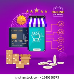 Online Shopping on Smartphone or Website Application Vector Concept Marketing and Digital marketing Template.