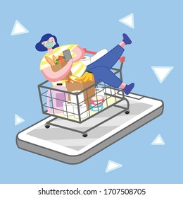 Online shopping on smartphones. Shopping cart filled with fresh vegetables. food and drinks on mobile phone screens. Woman sitting in shopping cart  