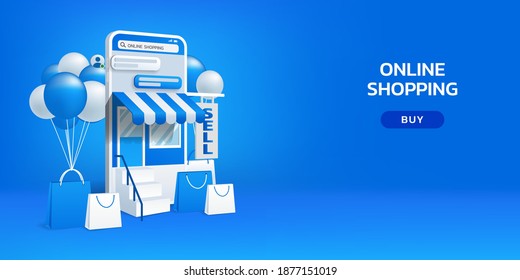 Online shopping on social media app by smartphone, 3d mobile with shopping bag, chat message, balloon and delivery on blue background, Vector illustration