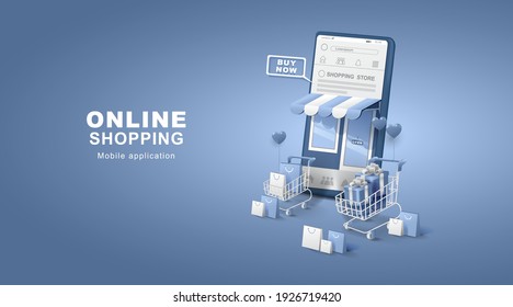Online shopping on social media. Smartphone with shopping bag and gift box. Digital stores, Application delivery. vector illustration