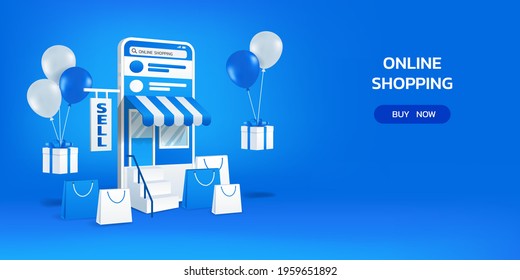 Online shopping on social media app by smartphone, 3d mobile with chat message, gift box and balloon delivery on blue background, Vector illustration