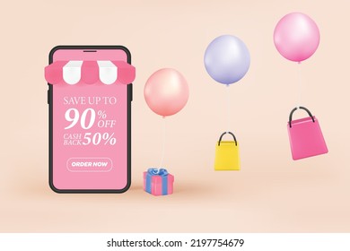 Online shopping on social media app. 3d Smartphone with shopping bag and gift box. 3D rendering vector design.