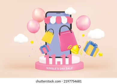 Online shopping on social media app. 3d Smartphone with shopping bag and gift box. 3D rendering vector design.