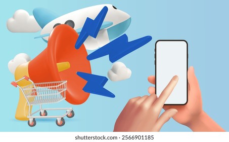 Online shopping on social media app. 3d Smartphone,airplane