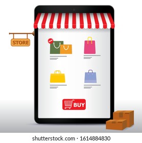 Online Shopping on Tablet Computer and Application Vector Illustration. E-Commerce and Digital Marketing Concept.