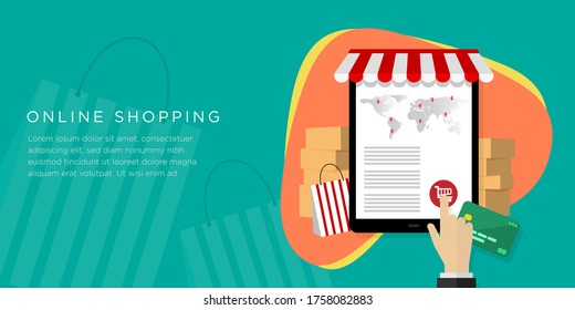 Compra en línea en tablet. El concepto de comercio electrónico y marketing digital. Ilustración vectorial de diseño plano