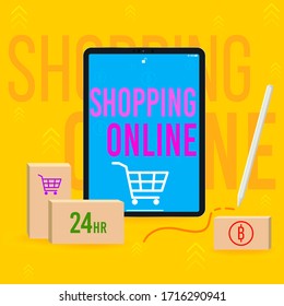 Online Shopping on Tablet pad drawing and Application 24hr yellow background Vector Illustration