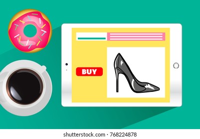 Online shopping on tablet vector illustration. Business breakfast table top view.