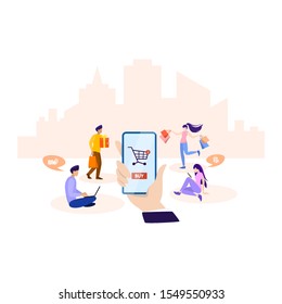 Online shopping on website or app. Buy clothes online. E-commerce and delivery concept. Order goods and get them fast and easy. Isolated illustration
