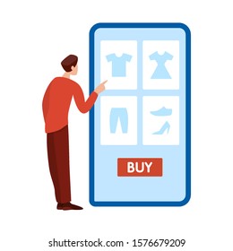Online shopping on website or app. Buy clothes online. E-commerce and delivery concept. Order goods and get them fast and easy. Isolated illustration