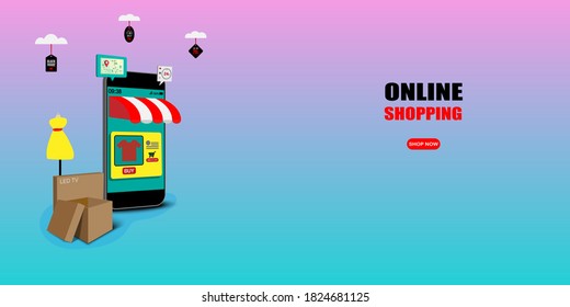 Online-Shopping auf der Website, Application Mobile Konzept. Marketing und digitales Marketing. Vektorgrafik EPS10.