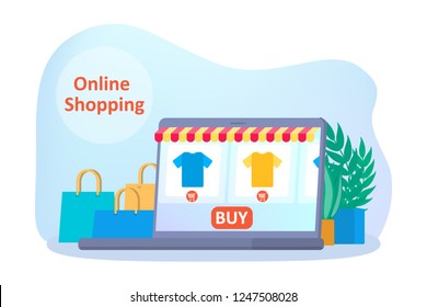 Online shopping on website. Buy clothes online. E-commerce and delivery concept. Order goods and get them fast and easy. Isolated vector illustration