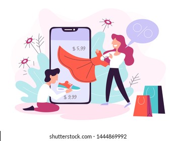 Online shopping on website. Buy clothes online. E-commerce and delivery concept. Order goods and get them fast and easy. Isolated vector illustration