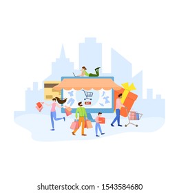 Online shopping on website. Buy clothes online. E-commerce and delivery concept. Order goods and get them fast and easy. Isolated illustration