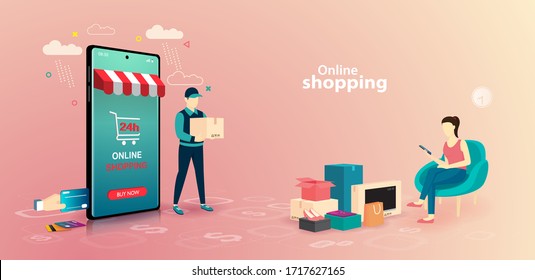 Online shopping on website E-commerce or mobile phone applications vector concepts and digital marketing. The woman is shopping on mobile phone and the man delivering.