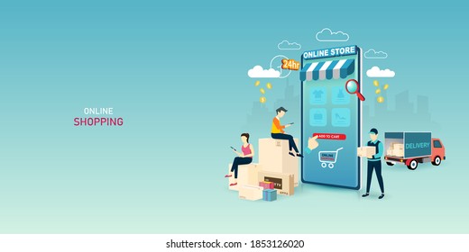Online shopping on website E-commerce or mobile phone applications, digital marketing. Concept vector illustration perspective design.
