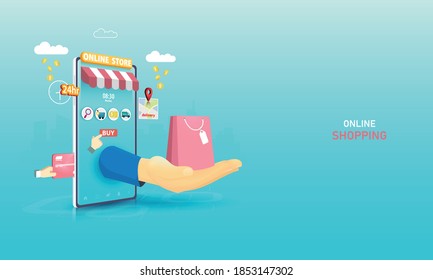 Online shopping on website E-commerce or mobile phone applications, digital marketing. Ecommerce concept. Concept vector illustration perspective design.