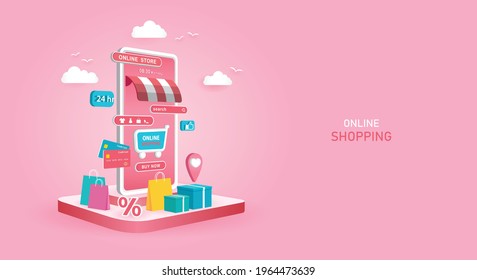 Compras en línea en el sitio web E-commerce o aplicaciones de teléfonos móviles conceptos vectores y marketing digital. Adecuado para promocionar tiendas en línea, banners web, sitios web, materiales impresos. Vector.