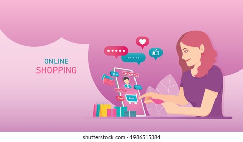 Online shopping on website E-commerce or mobile phone applications vector concepts and digital marketing. The woman is shopping on mobile phone.