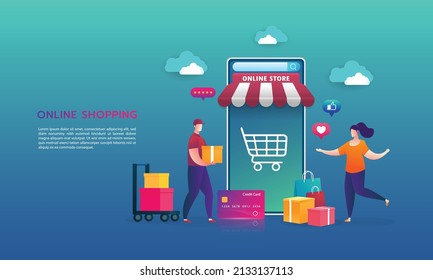 Online shopping on website E-commerce or mobile phone applications vector concepts and digital marketing. The woman is shopping on a mobile phone and the man delivered.