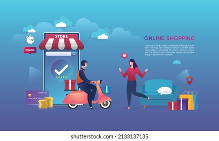 Online shopping on website E-commerce or mobile phone applications vector concepts and digital marketing. The woman is shopping on a mobile phone and the man is delivering.