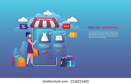 Online shopping on website E-commerce or mobile phone applications and digital marketing. The woman is shopping on mobile phone. Vector flat design concept.