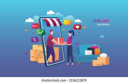 Online shopping on website E-commerce or mobile phone applications vector concepts and digital marketing. The woman is shopping on mobile phone and the man is delivering.