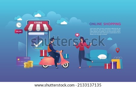 Online shopping on website E-commerce or mobile phone applications vector concepts and digital marketing. The woman is shopping on a mobile phone and the man is delivering.