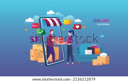 Online shopping on website E-commerce or mobile phone applications vector concepts and digital marketing. The woman is shopping on mobile phone and the man is delivering.
