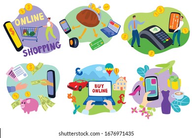 Online shopping on website on flat money e-commerce vector illustration isolated on white. Modern phone-shop with processing of mobile payments from credit card. Technology online shopper concept.