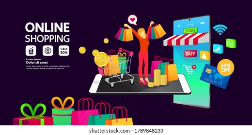 Online Shopping on Website or Mobile Application vector illustration.