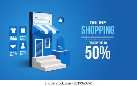 Online shopping on website and mobile application by smart phone, Digital marketing shop and store concept