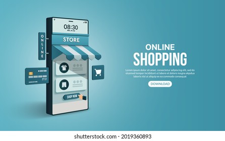 Online shopping on website and mobile application by smart phone, Digital marketing shop and store concept