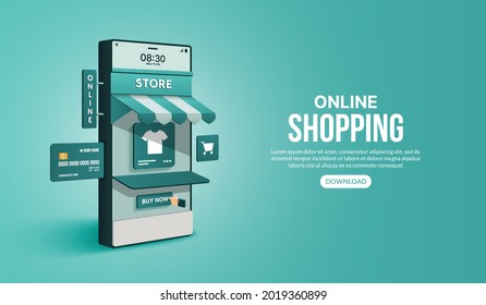 Online shopping on website and mobile application by smart phone, Digital marketing shop and store concept