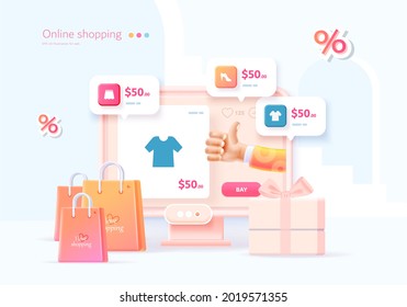 Online shopping on the website and mobile app. Conceptual illustration with online store interface, bank card, shopping bag, basket and actions with them. Web banner 3d style.