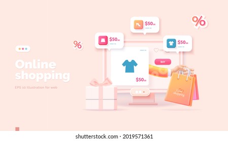 Online shopping on the website and mobile app. Conceptual illustration with online store interface, bank card, shopping bag, basket and actions with them. Web banner 3d style.