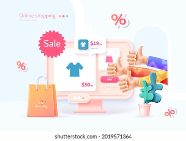 Online shopping on the website and mobile app. Conceptual illustration with online store interface, bank card, shopping bag, basket and actions with them. Web banner 3d style.