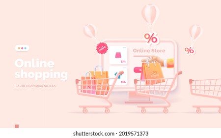 Online Shopping On The Website And Mobile App. Conceptual Illustration With Online Store Interface, Bank Card, Shopping Bag, Basket And Actions With Them. Web Banner 3d Style.
