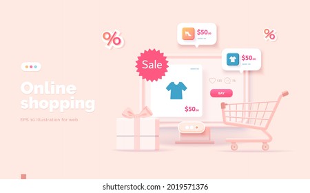 Compras en línea en el sitio web y la aplicación móvil. Ilustración conceptual con interfaz de tienda online, tarjeta bancaria, bolsa de compra, cesta y acciones con ellos. Banner web estilo 3d.