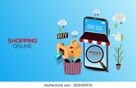 Online shopping on website or mobile application illustration. delivery truck, map tracking, shopping search or order success concept. Digital marketing isometric illustration