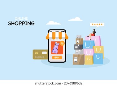 Online Shopping on Website or Mobile Application Concept Marketing and Digital marketing. Smartphone show discount for sale offer, A woman sit on many paper bag and beside many parcel box. Flat style.