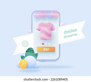 Online shopping on the website and mobile app. Conceptual illustration with online store interface, online shopping process, online order. Web banner 3d style.