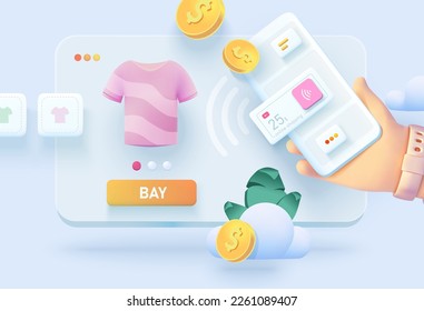 Compras en línea en el sitio web y la aplicación móvil. Ilustración conceptual con interfaz de tienda en línea, proceso de compra en línea, pedido en línea. Banner web estilo 3d.