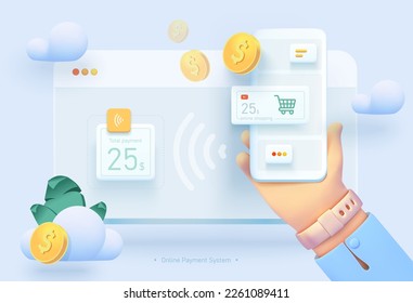 Compras en línea en el sitio web y la aplicación móvil. Ilustración conceptual con interfaz de tienda en línea, proceso de compra en línea, pedido en línea. Banner web estilo 3d.