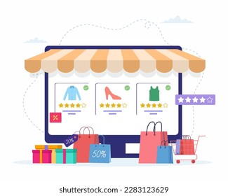 Online shopping on the website with online store interface, shopping bag, basket, gifts boxes.