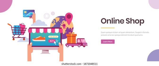 Online shopping on the website worldwide shipment flat vector conceptual illustration with editable copy space