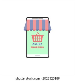Online shopping on your phone. Shopping basket, inscription, order and payment via the Internet. Vector illustration, flat cartoon color minimal design, isolated on white background, eps 10.